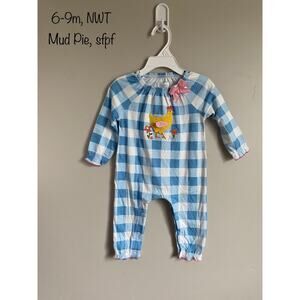Mud Pie blue gingham plaid romper with crocheted chicken and flowers, size 6-9m